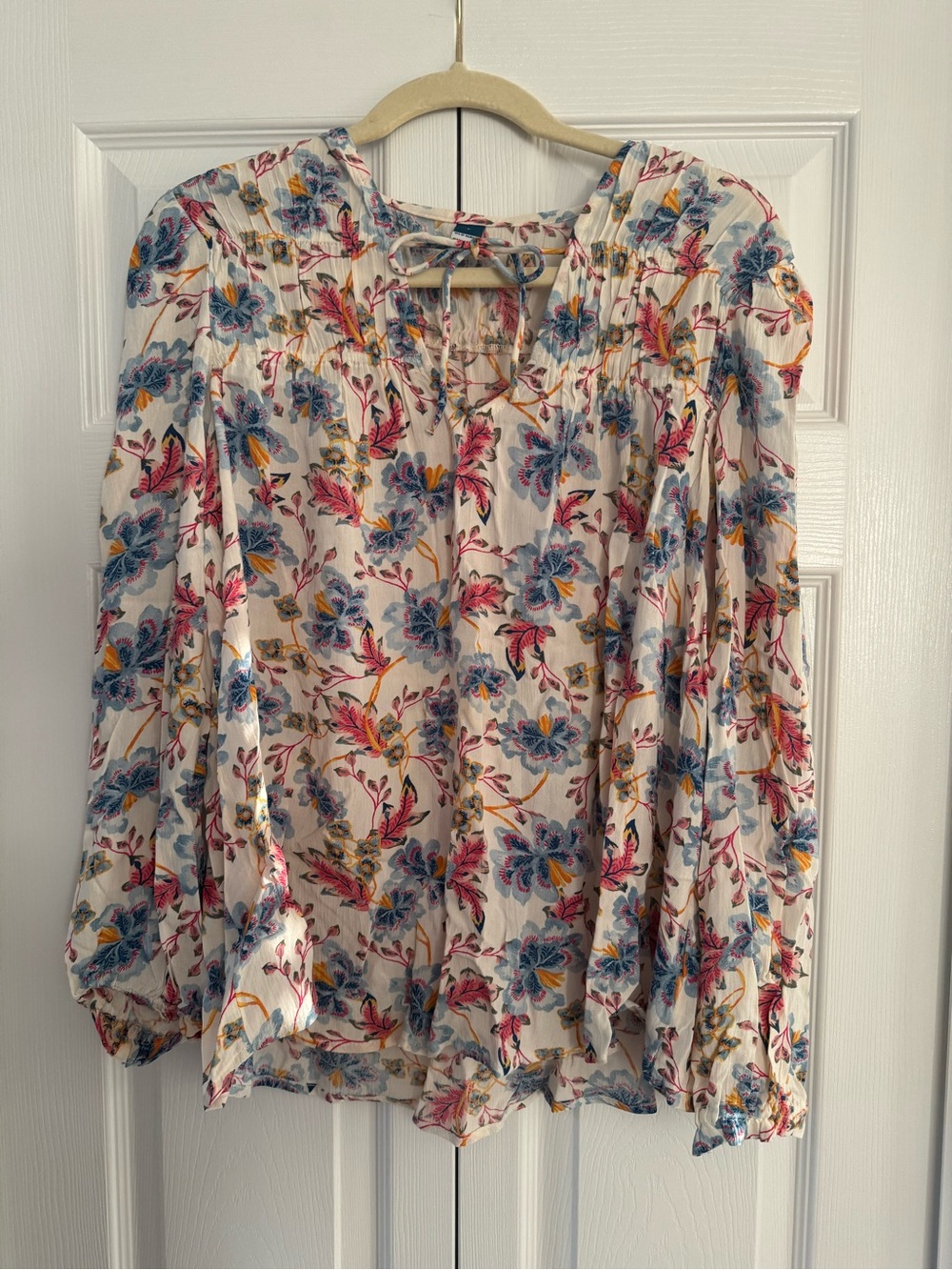 Women’s Floral Peasant Blouse - White with Blue & Pink Floral Print